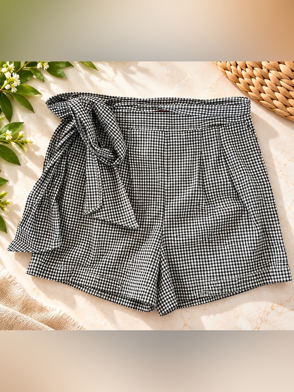 NWT Anthropologie Cartonnier Gingham Tie Waist High Rise Shorts Size 8
